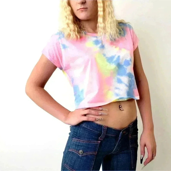 Rainbow Pastel Tie Dye Crop Top Tee Shirt - M - Picture 1 of 5